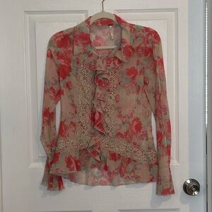 Women’s Free People Floral with Lace Ruffle Detail Blouse Button Down EUC Sz: XS
